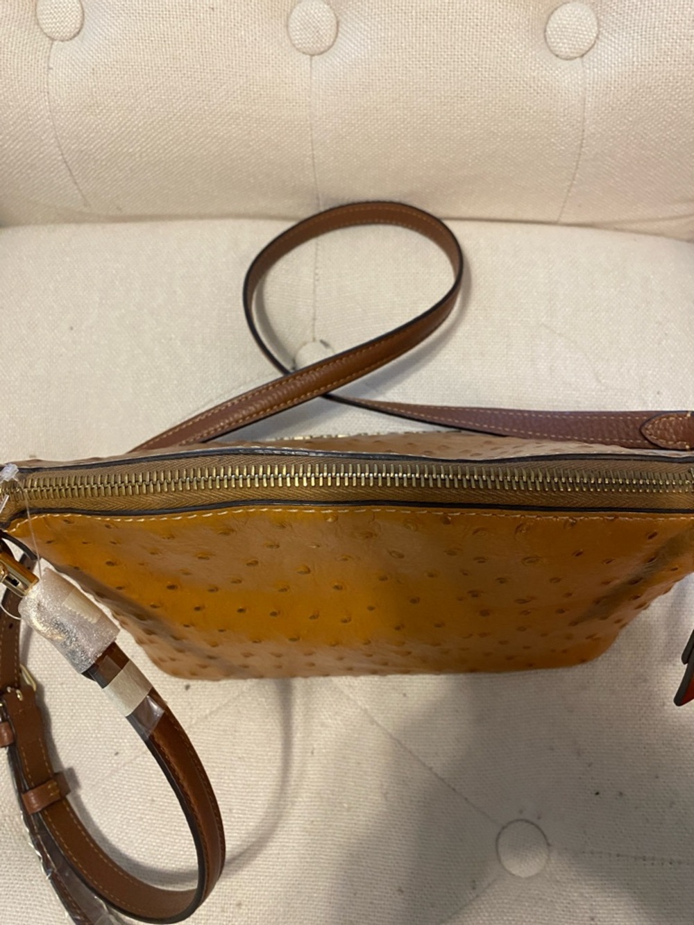 Dooney & Bourke Mustard Ostrich-Embossed Leather Crossbody with Patterned Strap - Picture 3 of 5